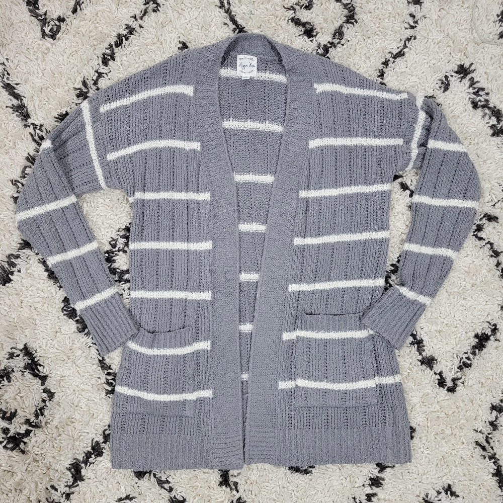 Hippie Rose Soft Gray & White Striped Open Front Cardigan Sweater